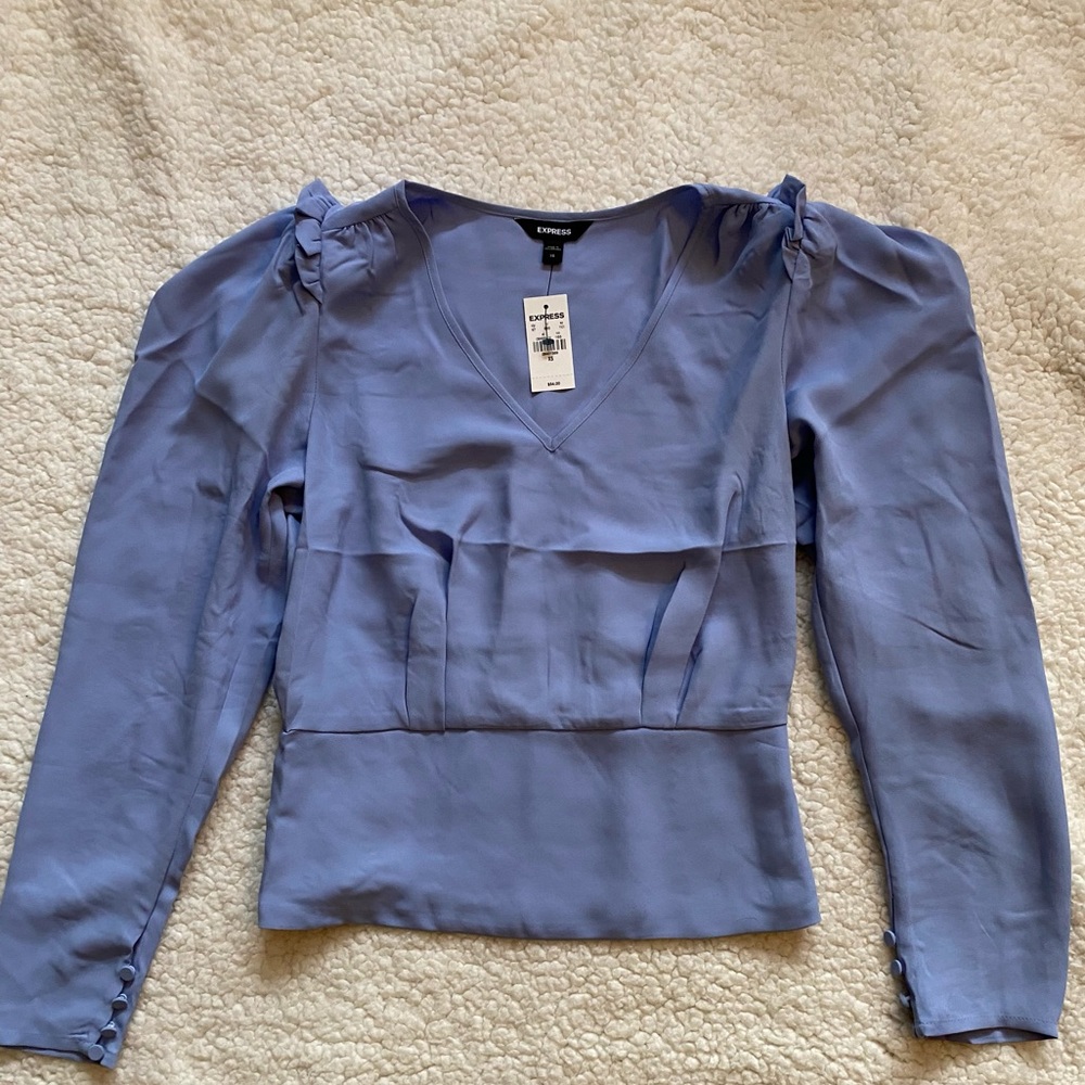 Express Solid Puff Sleeve V-Neck Top